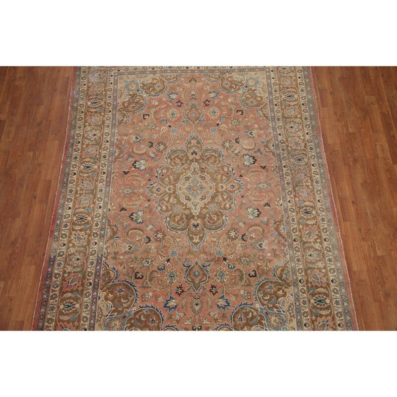Hand Knotted Oriental 100% Wool Carpet Traditional Floral Pink Mashad Area Rug - 9' 6'' X 6' 3''
