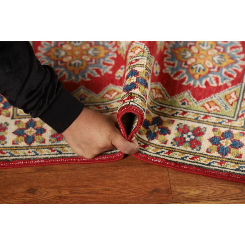 Geometric Kazak Oriental Foyer Rug Hand-Knotted Red Wool Carpet - 2'0"x 3'0"