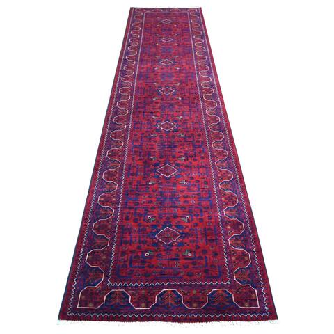Shahbanu Rugs Saturated Red Afghan Khamyab with Geometric Design Velvety Wool Hand Knotted Runner Oriental Rug (2'8" x 12'9")