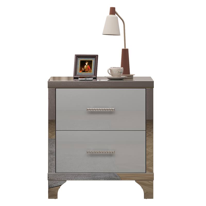 High Gloss Mirrored Nightstand with 2 Drawers,Modern End Table with Drawers,Mirrored High Gloss Wood Nightstand Metal Handle