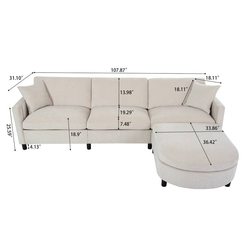 Beige 107.87" 4-Seater Sectional Sofa with Removable Cushions, Movable Ottoman, and Storage Armrest Bag