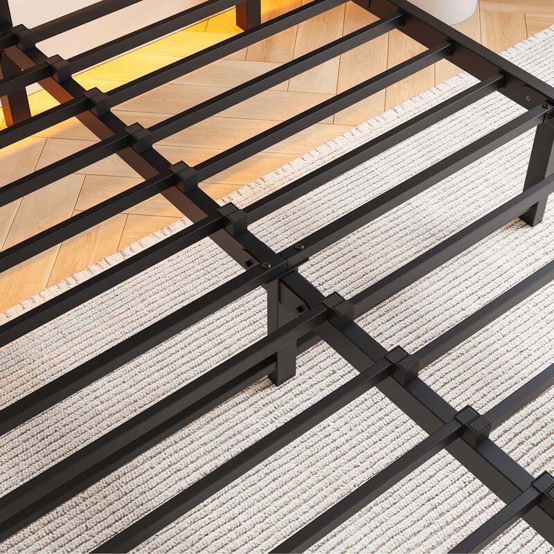 Metal Bed Frame Slats Platform Bed Open Frame with RGB LED Light and 2 USB Ports, Wooden Headboard, No Box Spring Needed