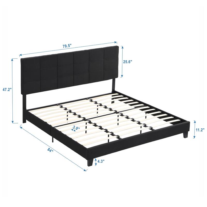 King Size Upholstered Platform Bed Frame with Linen Headboard, No Box Spring Needed, Wood Slat Support