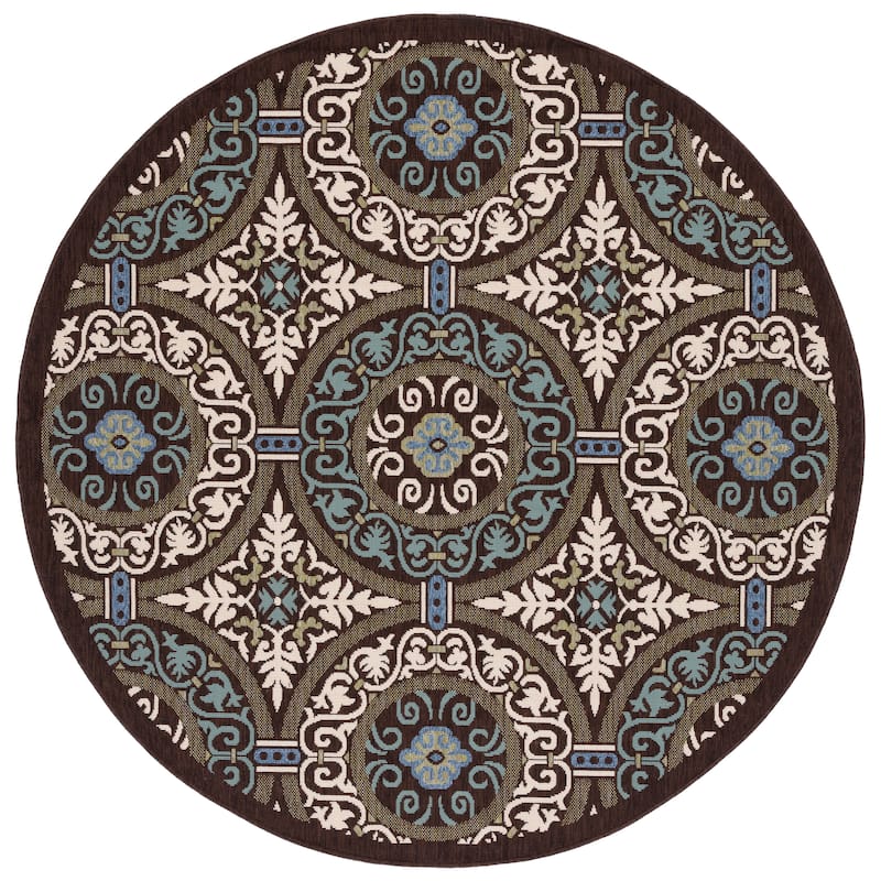 SAFAVIEH Veranda Rexhie Indoor/ Outdoor Waterproof Patio Backyard Rug - 6'7" Round - Chocolate/Cream