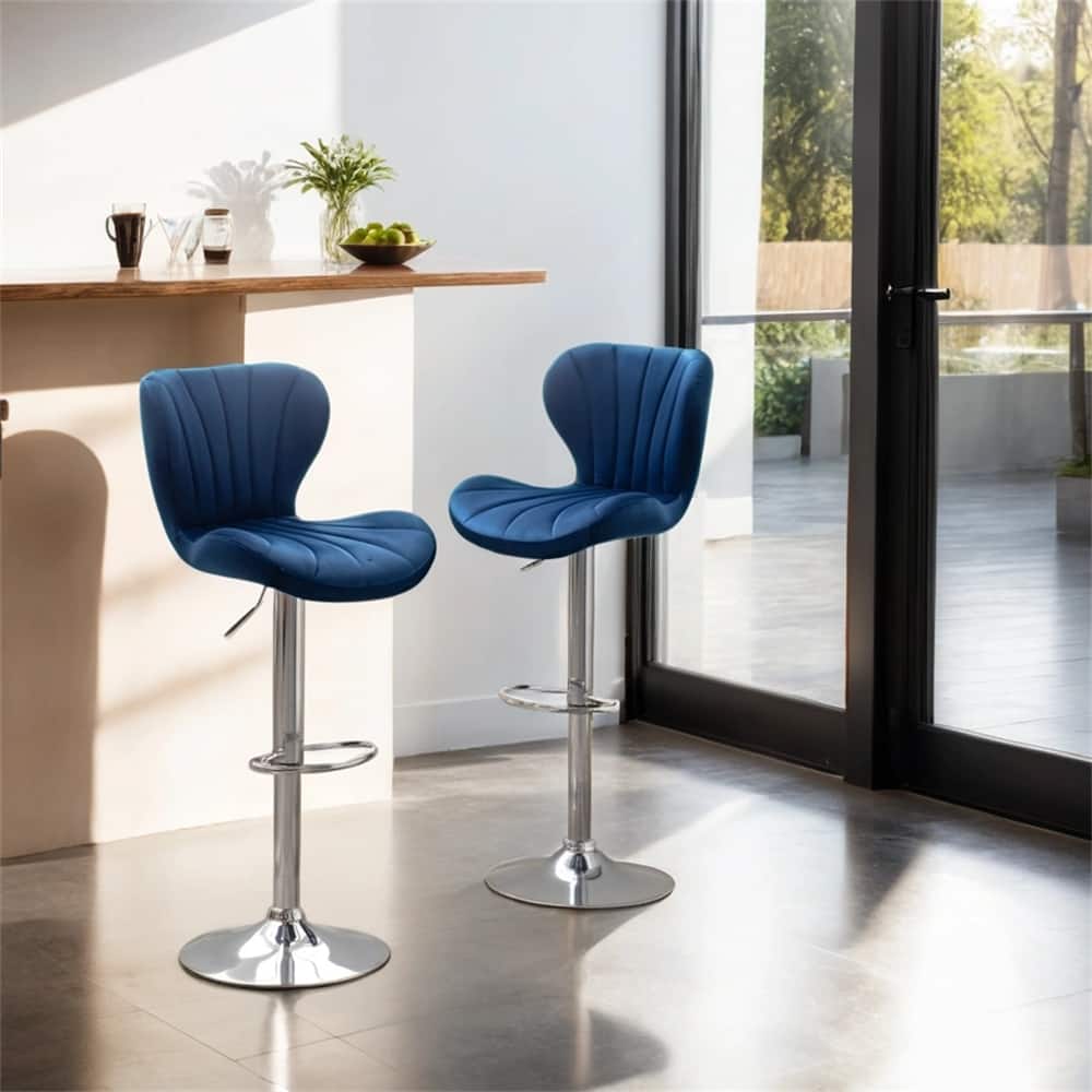 Upholstered Adjustable Swivel Barstools in Blue,Set of 2
