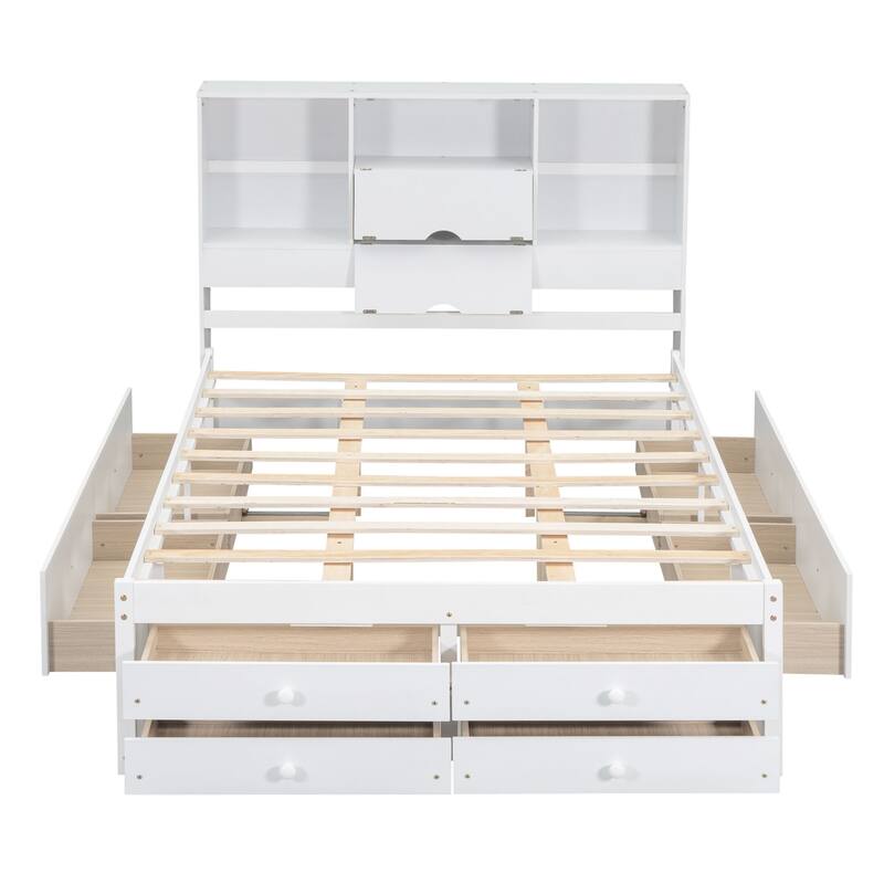 Platform Bed with Storage Headboard and 8 Drawers