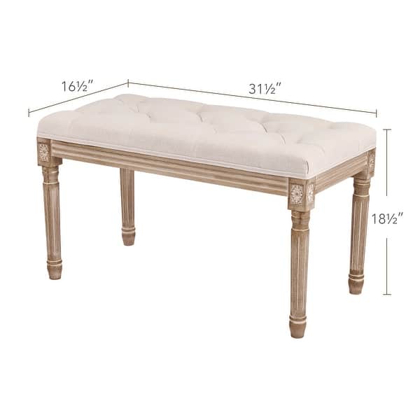 dimension image slide 0 of 2, Linen Upholstered Tufted French Country Transitional Bench