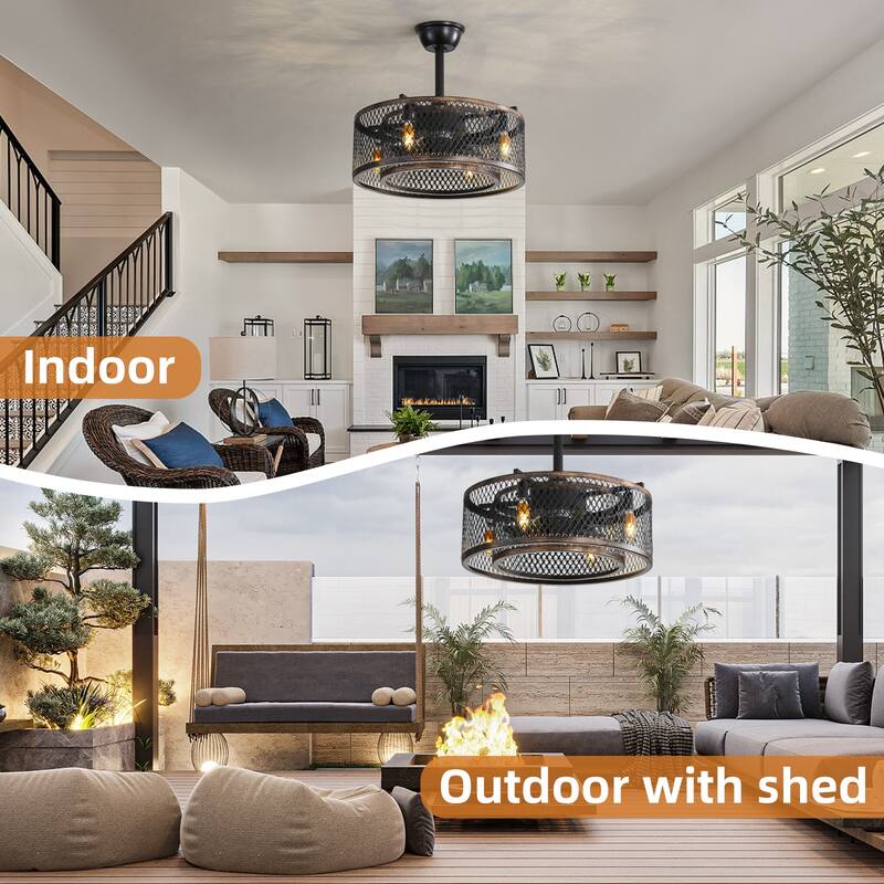 Vintage Cage Style Ceiling Fan Light with Lighting and 6 Speed Settings, DC Motor for Bedroom and Living Room