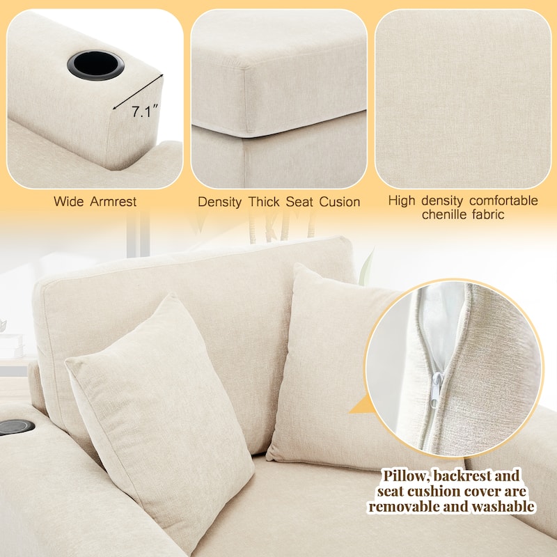 Oversized Chaise Lounger Modern Sofa Couch with Pillows, Charge Station & Cup Holders