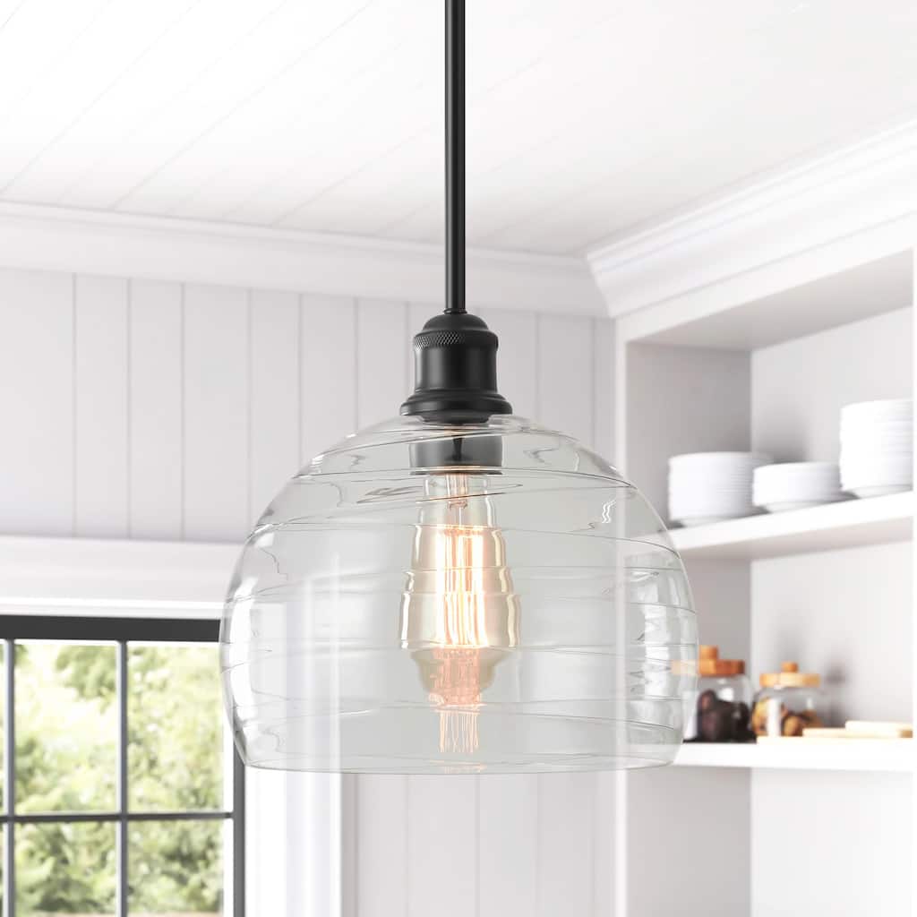 1-Light Modern Black Ribbed Glass Dome Kitchen Island Pendant Light - 9.06 in. W x 9.45 in. H