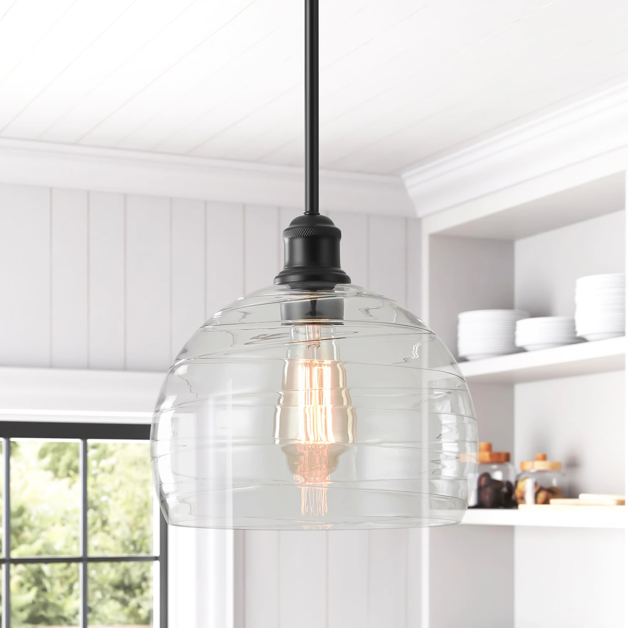 Rennnsan 1-Light Modern Black Ribbed Glass Dome Kitchen Island Pendant Light - 9.06 in. W x 9.45 in. H