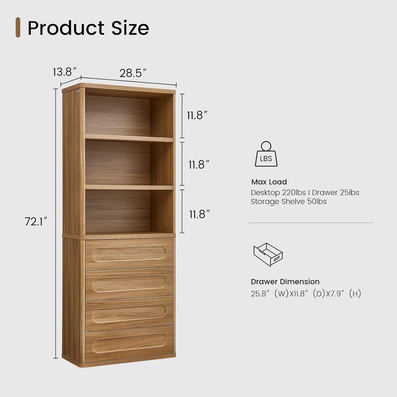 Bookcase with 4 Drawers 72.1" Tall Bookshelf with 3 Storage Shelves