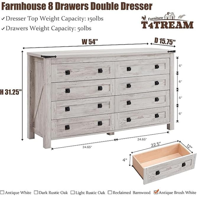 Farmhouse 8 Drawers Wood Dresser Chests, Rustic Chset of Drawers
