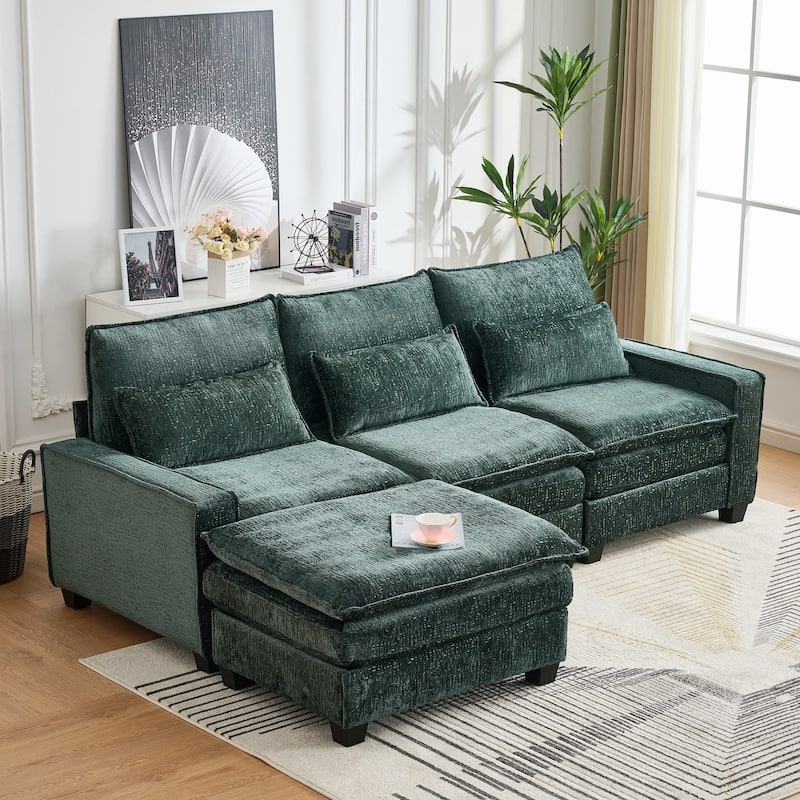 Roomfitters 99" Modern Modular Sectional Sofa with Reversible Ottoman, Padded Armrest Couch with Lumbar Pillows