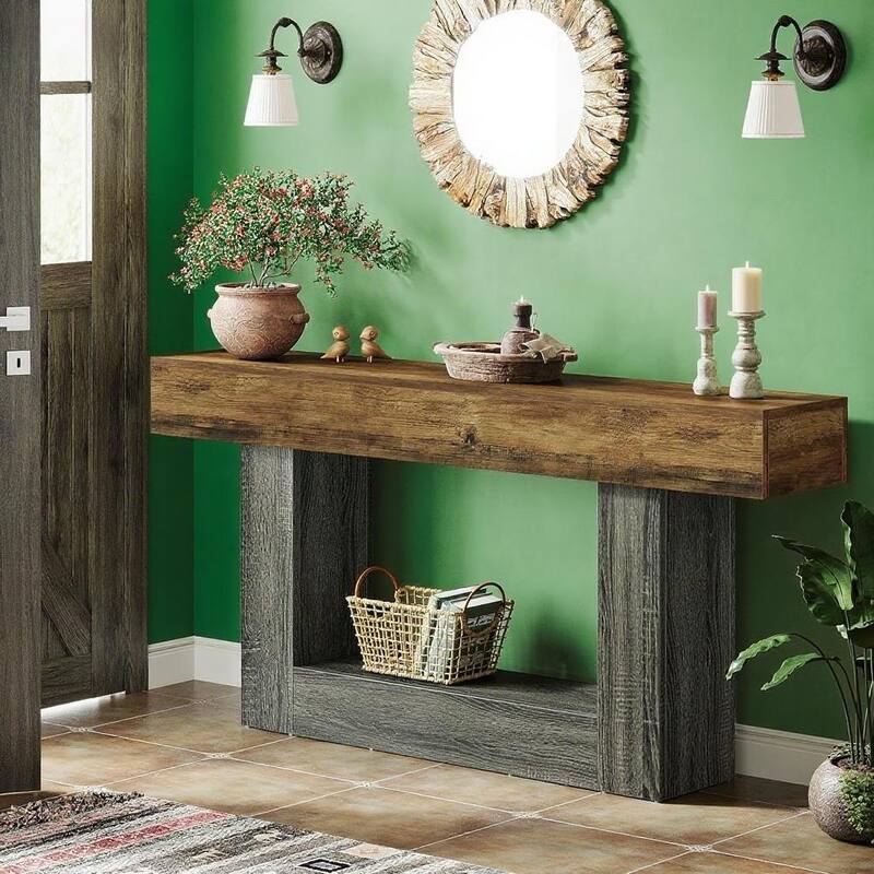 MDF Farmhouse Console Table with U-Shaped Base and Shelf - 63” L x 11.81 W x 32.28 H