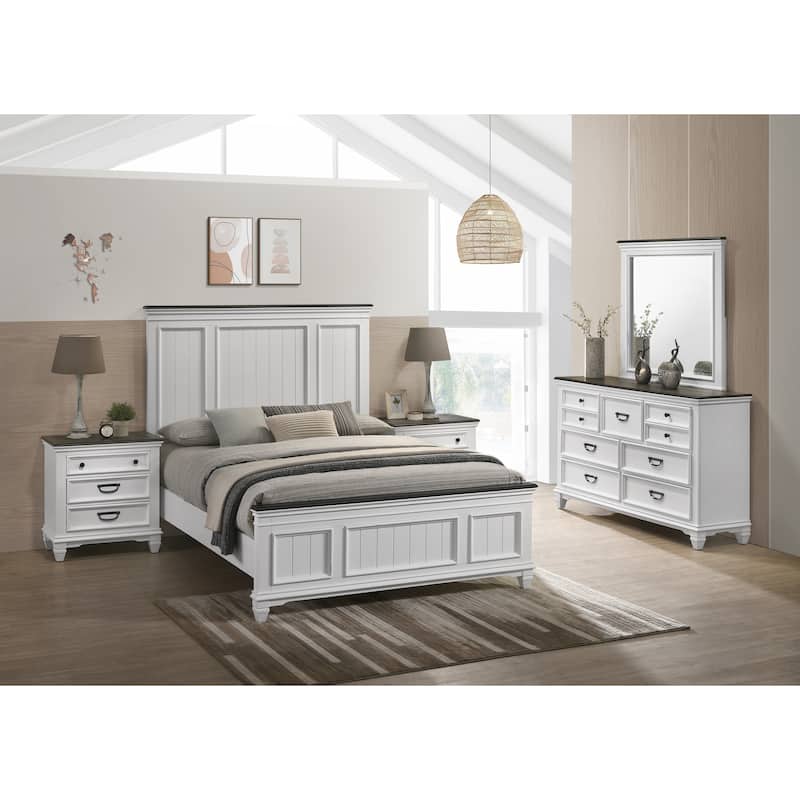 Roundhill Furniture Clelane Wood Bedroom Set with Bed, Dresser, Mirror, and Two Nightstands - Antique White - Queen