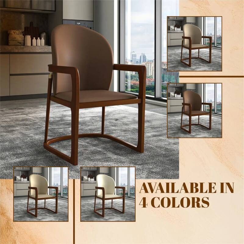 Svelta Leather Dining Chair with Rubberwood Legs Curved Back Accent Arm Chair for Kitchen and Dining Room Set of 2