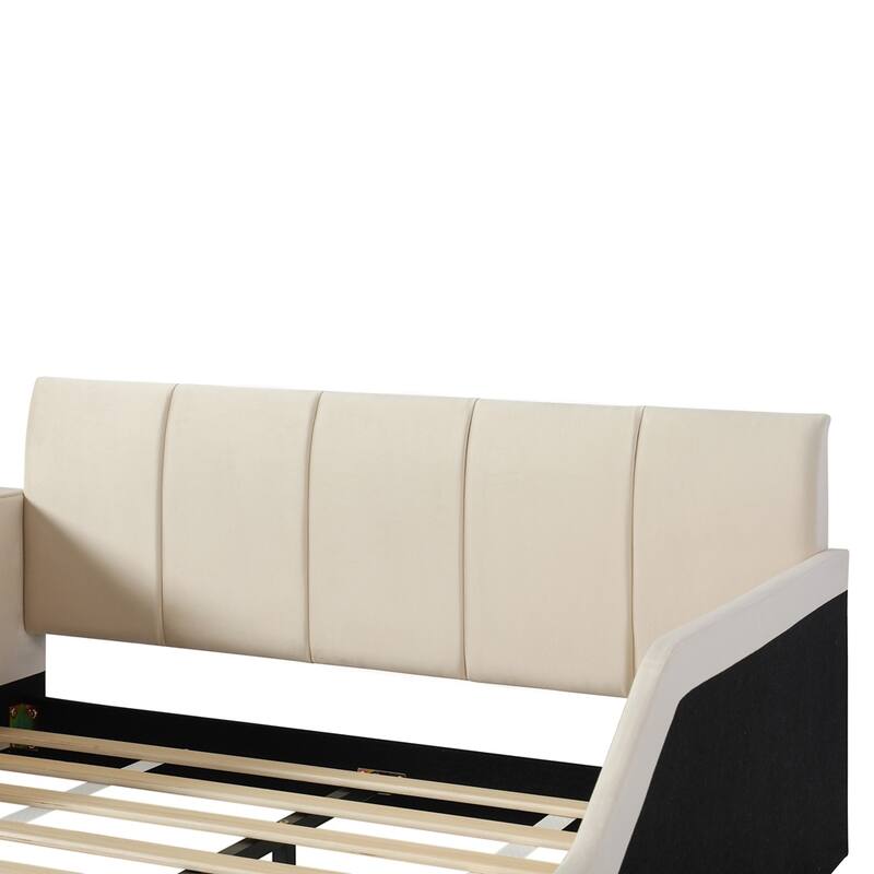 Upholstered Grounded Bed Mother & Child Bed with Bedside Desk and Little Round Stool