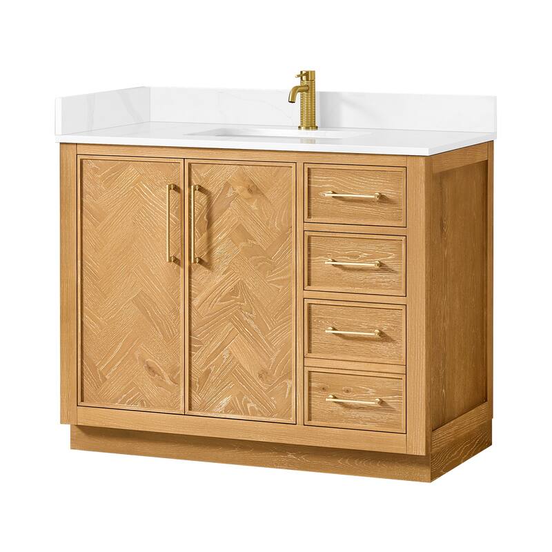 Jakarta Bath Vanity with Quartz Stone Top without Mirror - Oak Natural Brown - 42in.