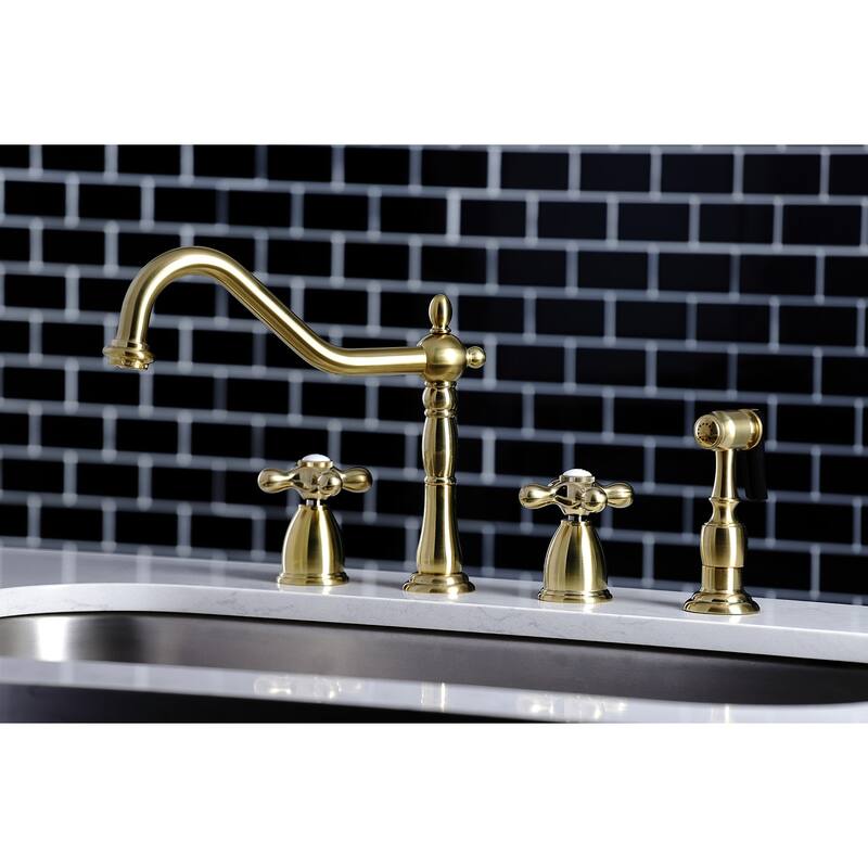 Kingston Brass Heritage 8-Inch Widespread Kitchen Faucet with Brass Sprayer - Brushed Brass