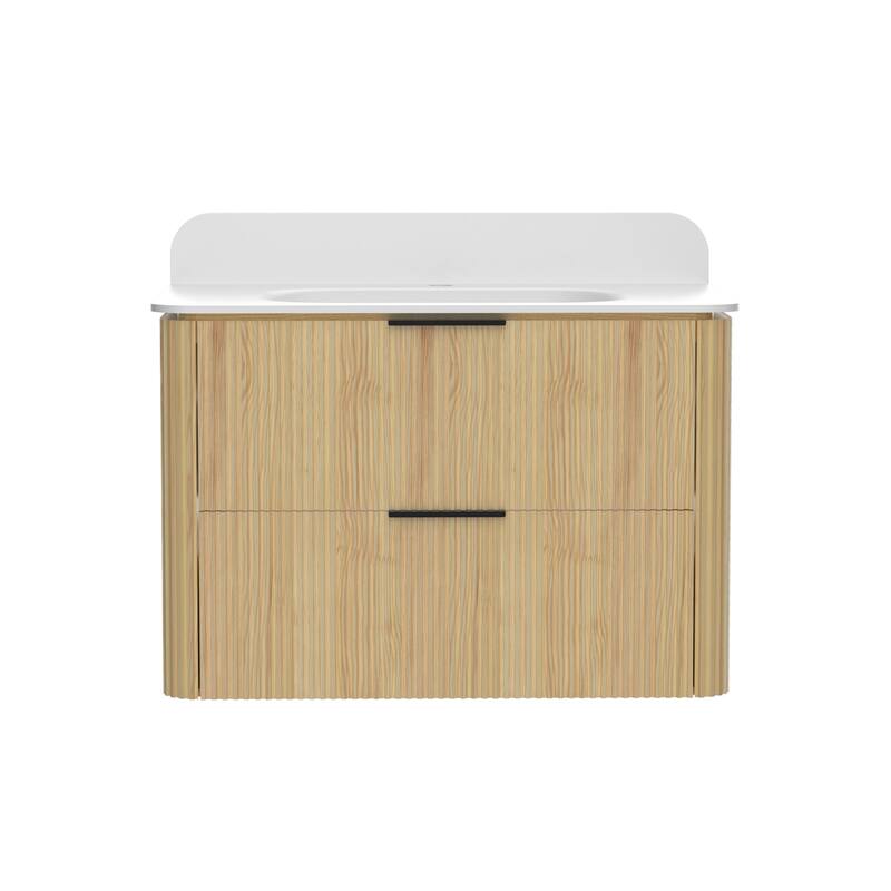 30" Floating Bathroom Vanity with Integrated countertop Rectangulare Sink Solid Wood - 30 inch - Brass Finish - Golden Oak