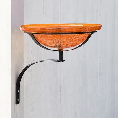 Achla Designs Reflective Crackle Glass Birdbath Bowl With Wall Mount Bracket, 12.5 Inch Diameter, Mandarin Orange