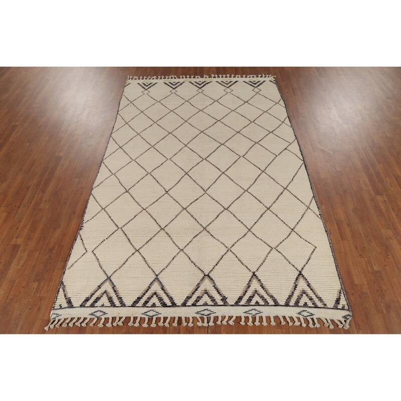 Beige Trellis Moroccan Oriental Area Rug Hand-Knotted Wool Carpet - 6'3"x 9'9"