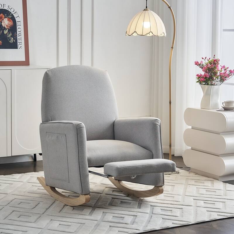 Fabric Nursery Rocking Chair With Adjustable Footrest - Light Gray Cotton Linen