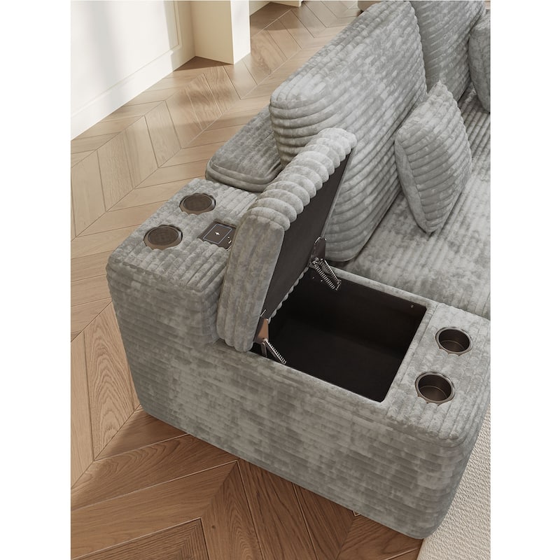 Corduroy Sectional Sofa with Ottomans, Console Table with Storage Box, Charging Station, Cup Holders and Bluetooth Speaker
