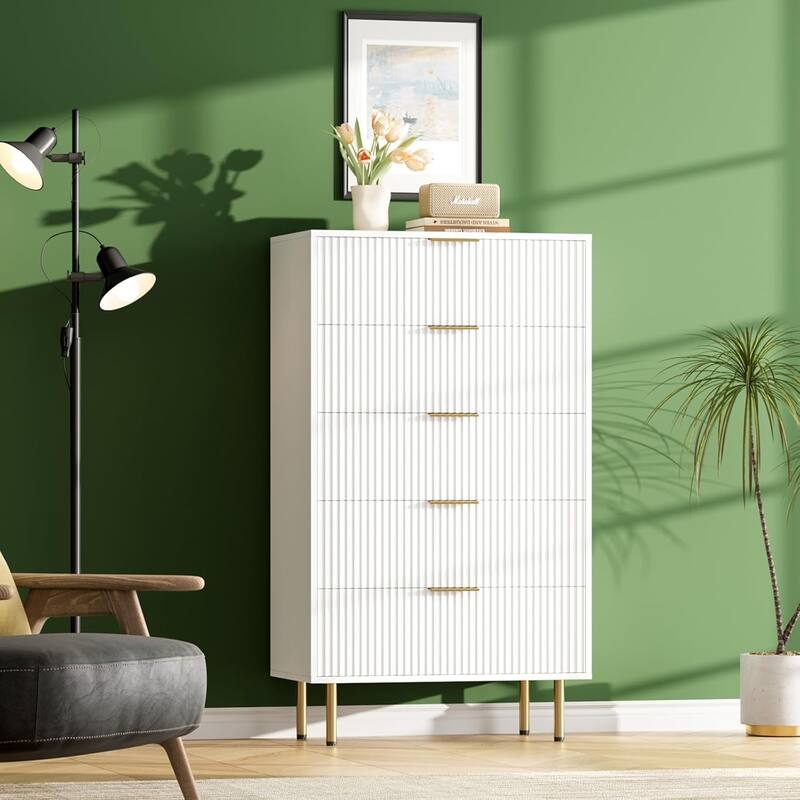Fluted 5 Drawer Dresser for Bedroom, Wooden Chest with Wide Drawers, Modern Storage Organizer for Closet, Hallway
