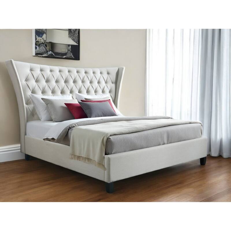 HomeRoots Beige King Diamond Button Tufted Upholstered Bed Frame - King