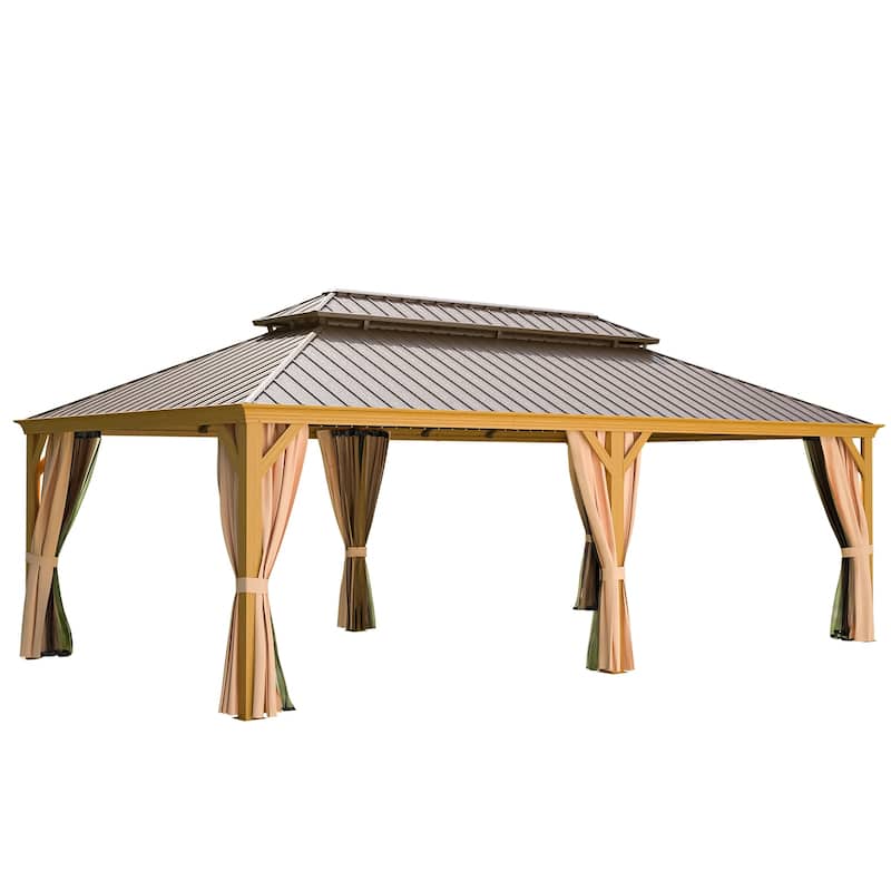 Outdoor Galvanized Steel Roof Gazebo Pergola w Wooden Coated Alumninum Frame, Privacy Curtains and Nettings Include