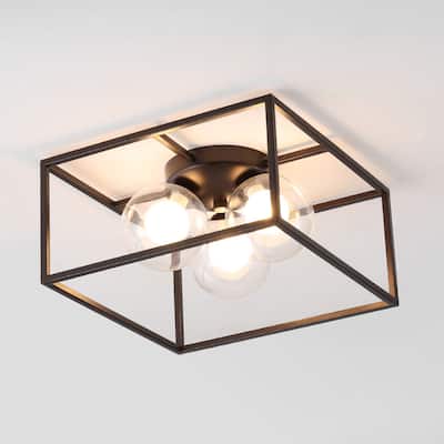 Payton 14" 3-Light Modern Farmhouse Metal/Iron Open-Caged LED Flush Mount, Oil Rubbed Bronze , by JONATHAN Y