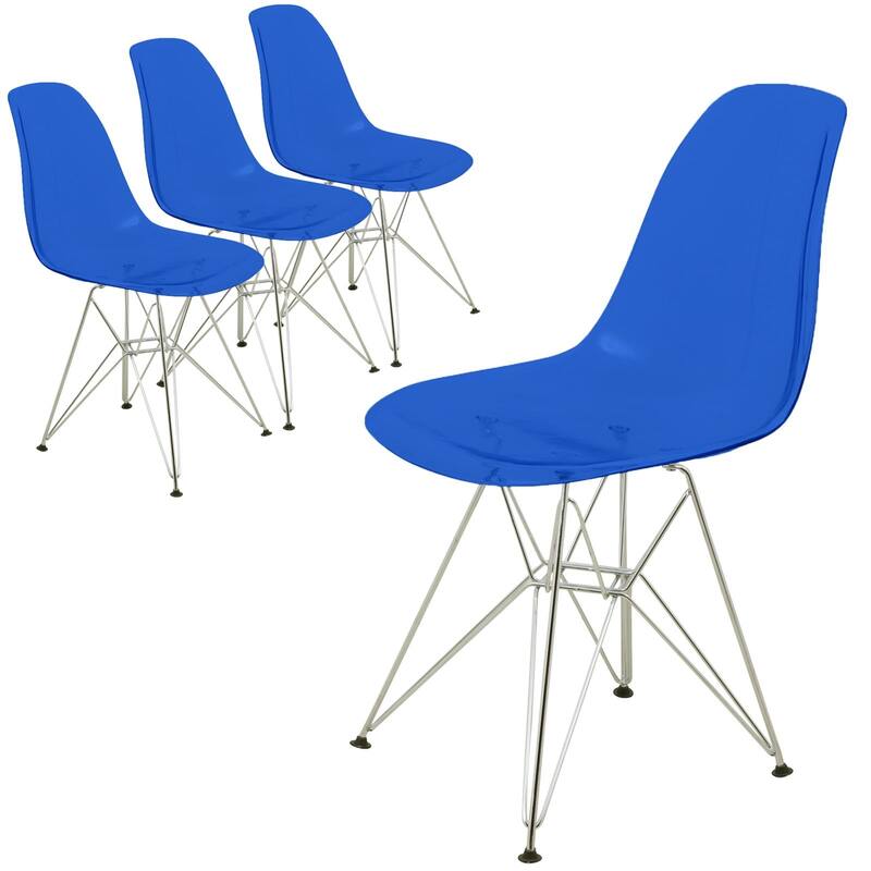 Cresco Ergonomic Modern Shell Seat Dining Chair with Chrome Eiffel Base and Curved Back Accent Side Chair (Set of 4) - Transparent Blue