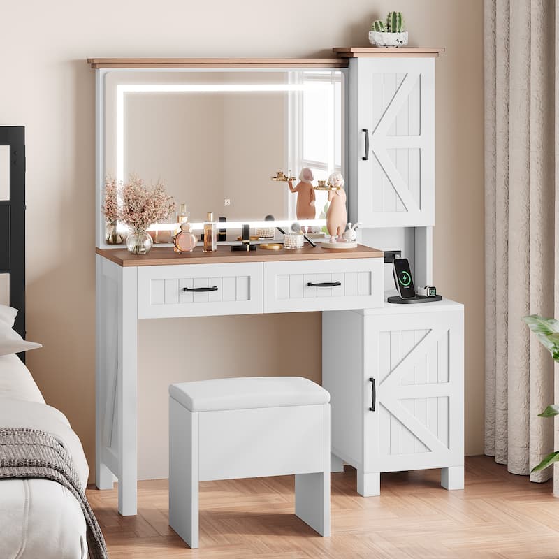 Moasis Farmhouse Vanity Makeup Desk with Adjustable Lighted Mirror Charging Station Vanity Desk with Stool
