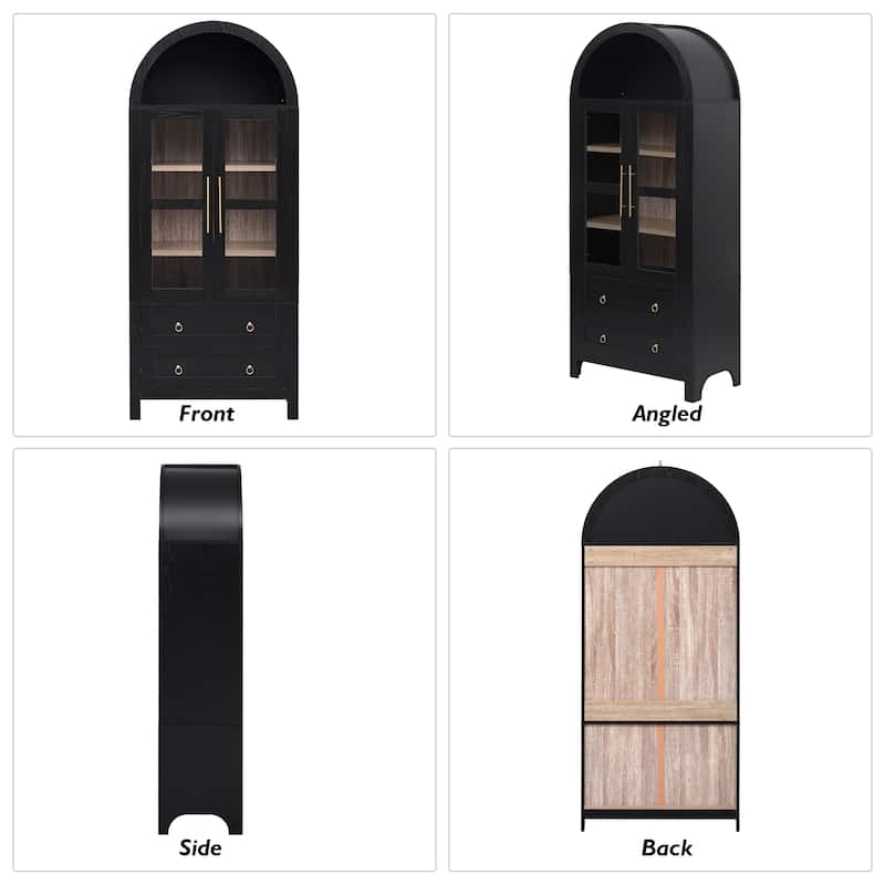 71" Tall Arched Kitchen Pantry Cabinet - 2 Large Drawers, Glass Door, Adjustable Shelves
