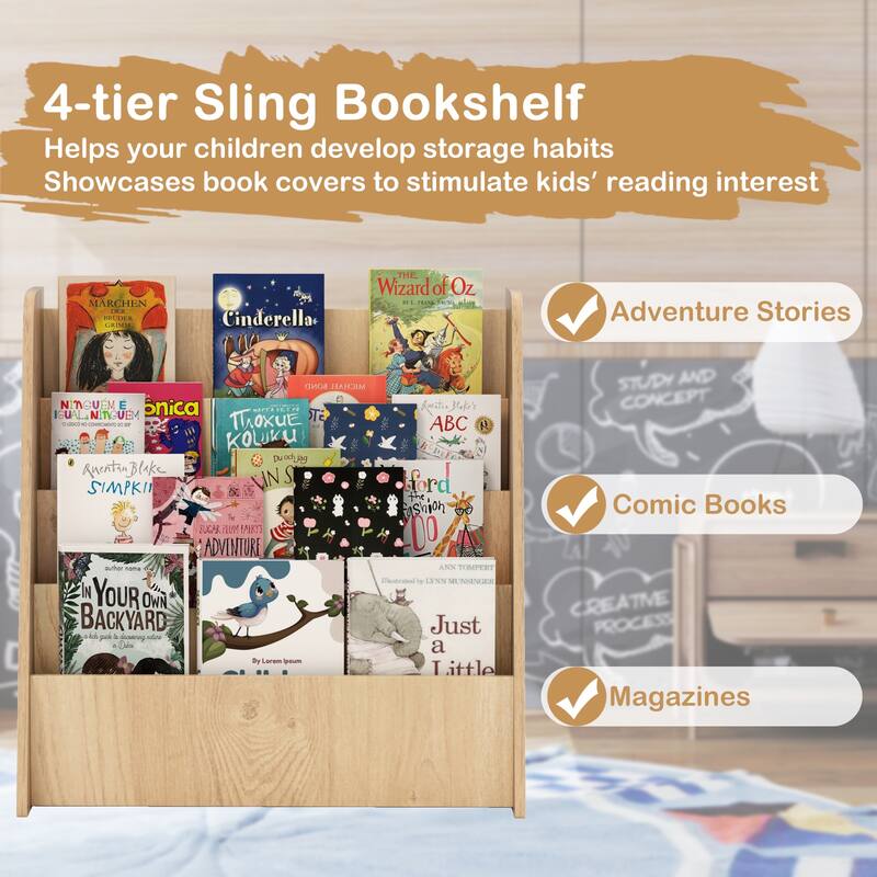 Costway 4-tier Kids Wooden Bookshelf Toddlers Book Rack with Deep - See Details