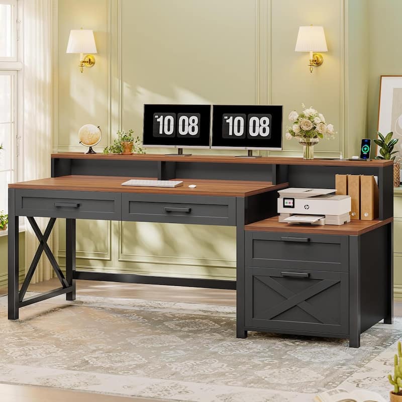 L Shaped Desk 55" Home Office Desk Drawers Storage Shelves