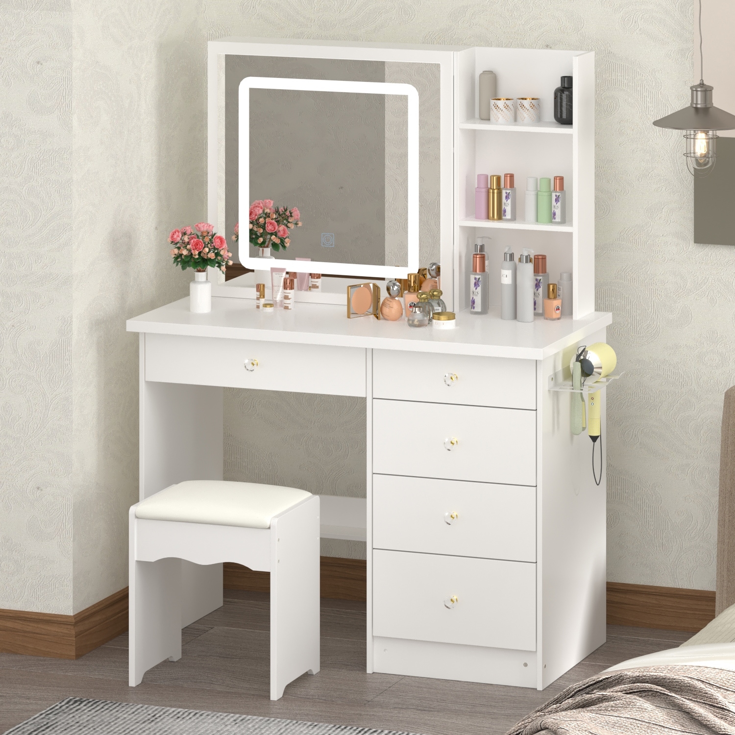 Cardone makeup station vanity set with stool and mirror outlet