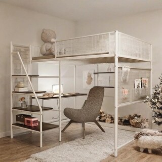 Multi-functional Storage Design Full Loft Metal Bed w/ Built-in Desk & Charging