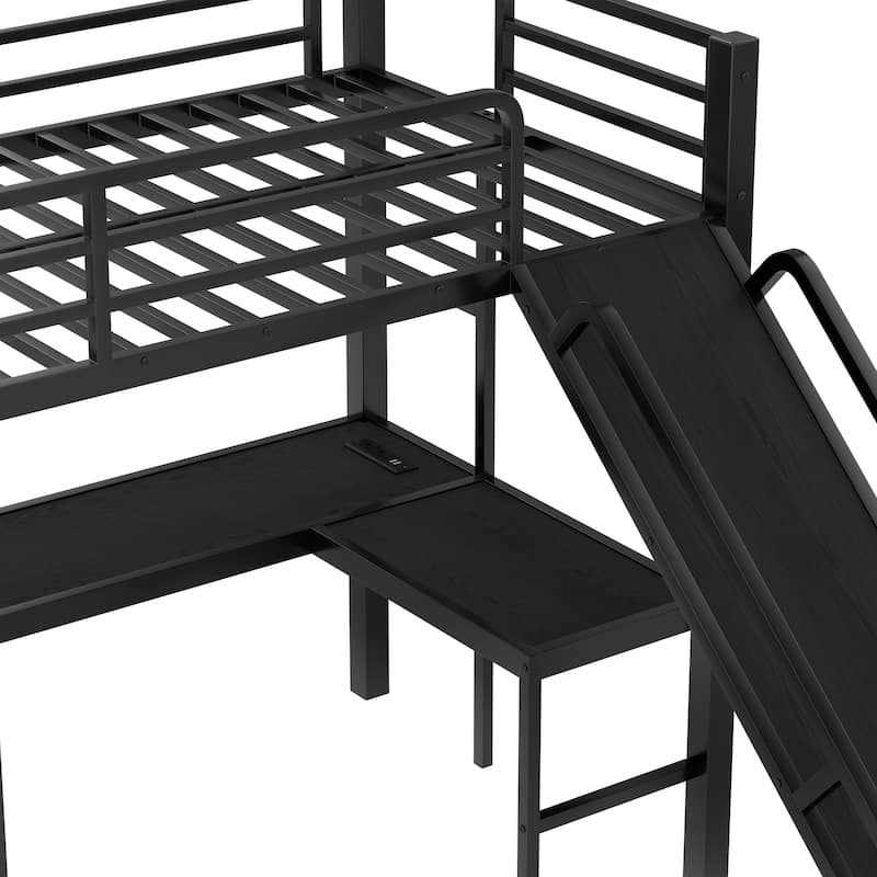 Roomfitters L-Shaped Twin over Queen/Full Metal Triple Bunk Bed with Twin Loft, Slide & USB Ports, Space-Saving Noise-Free Frame