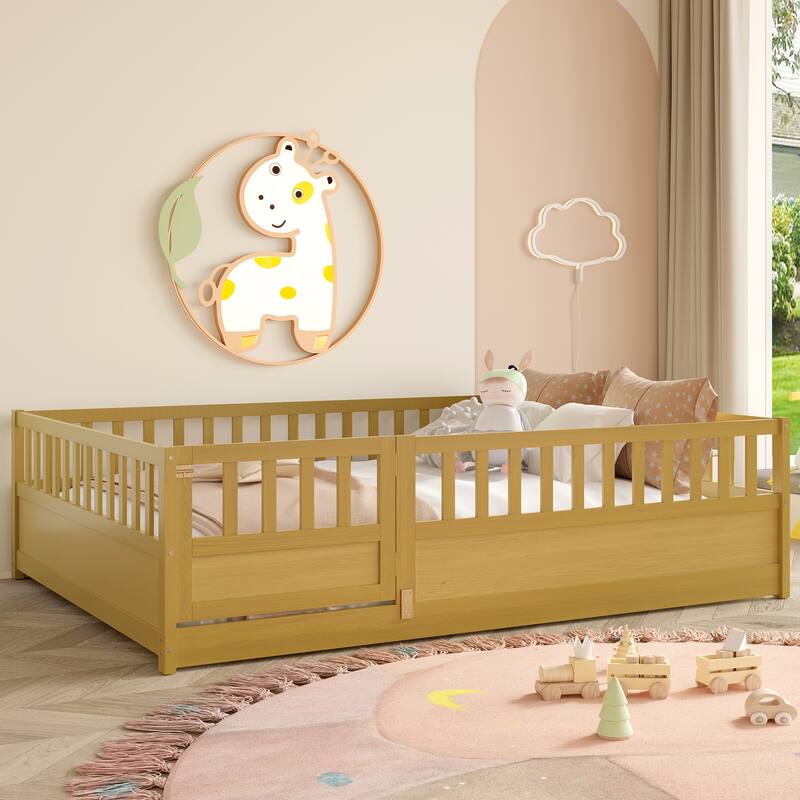 GDF Studio - Camden Modern Nursery Pine Montessori Floor Bed with Door & High Safety Barrier - Natural Wood