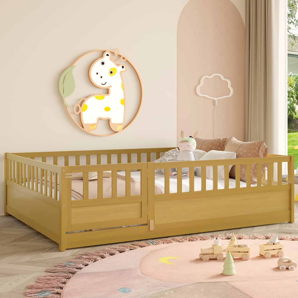 Wooden Full Floor Bed without Slat, Montessori Kids Floor Bed Frame with Super High Fence and Door, Solid Pine French Bed Frame