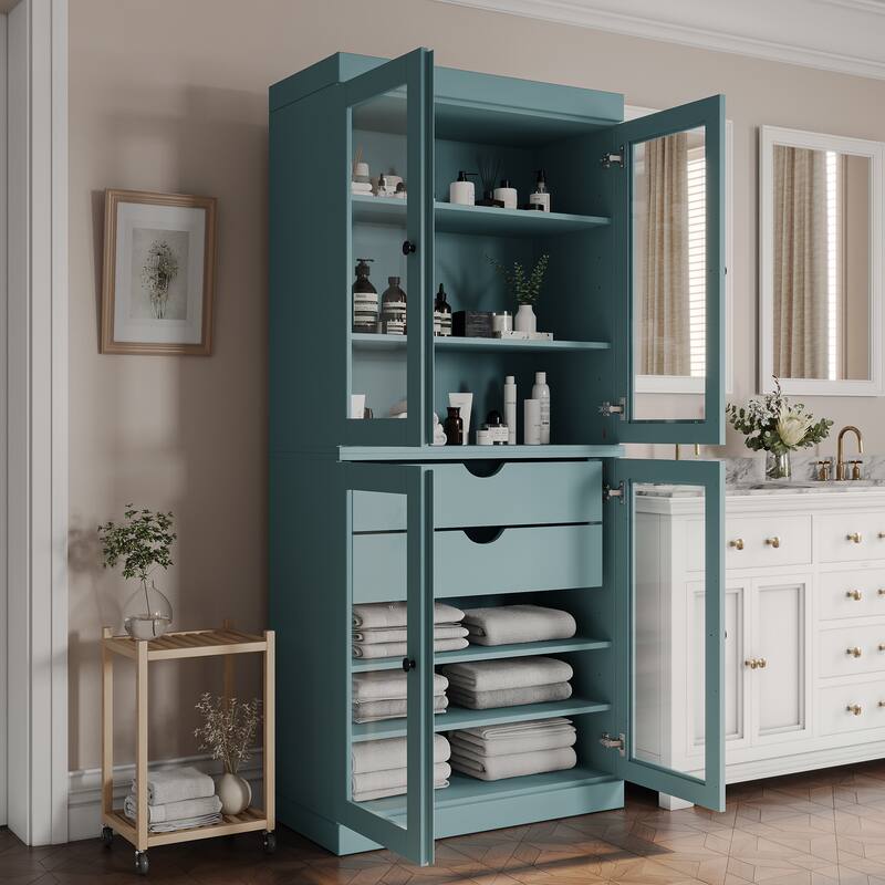 Palace Imports 100% Solid Wood Bathroom Storage Cabinet, Clear Glass Doors, 2 Drawers, Adjustable Shelves, 32" Wide, 71.5" Tall - Aqua Blue