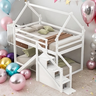 Twin over Twin Functional Design House Loft or Bunk Bed with Slide and Staircase, Storage Space,Easy Assembly,White