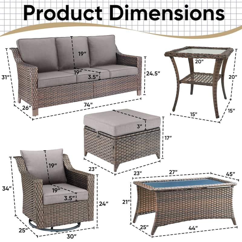 7 Pieces Sofa with Rocking Chair, Ottomans, Coffee Table - Brown
