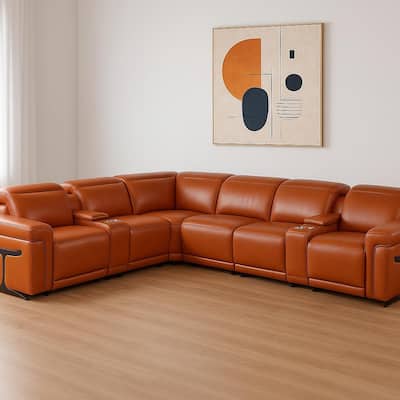 HomeRoots Camel Italian Leather Modular L Shaped Eight Piece Corner Sectional With Console