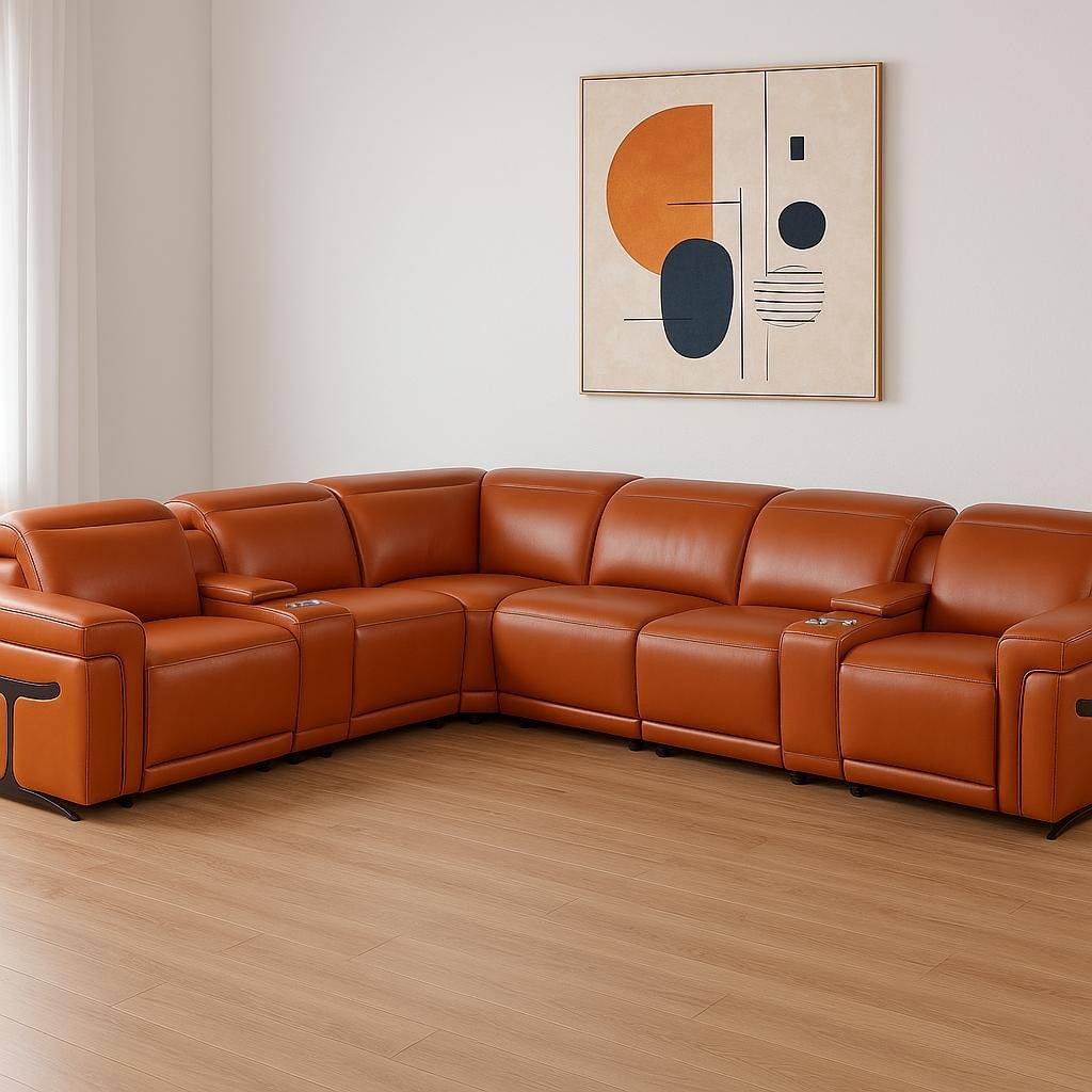 HomeRoots Camel Italian Leather Modular L Shaped Eight Piece Corner Sectional With Console