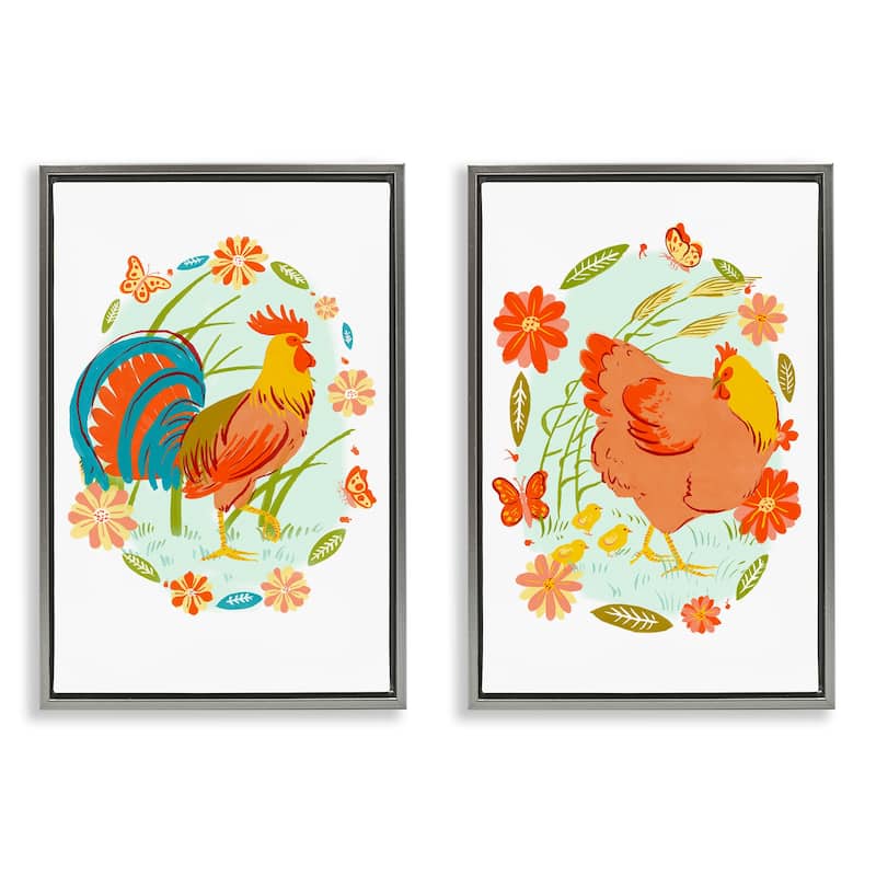 Stupell Rooster & Hen with Florals Framed Floater Canvas Wall Art Design By Hannah Moren (Set of 2) - 17 x 25 - Grey