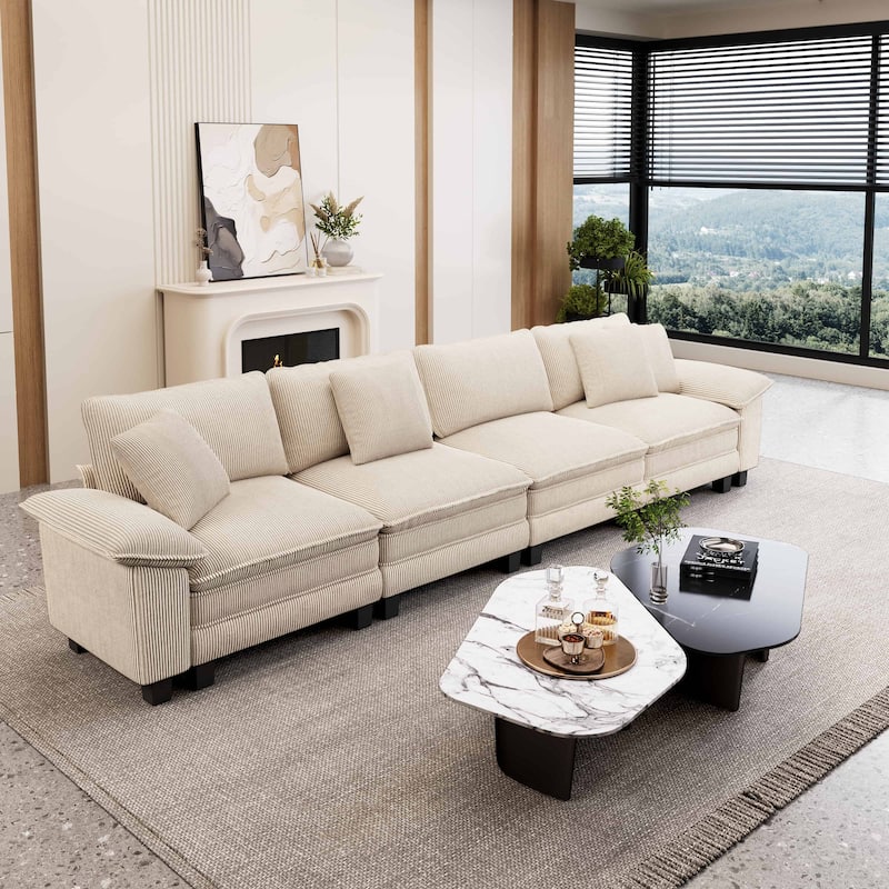 MAISON ARTS Cloud Modular Deep Seat Sofa, Chenille or Corduroy Sectional Couch with Removable Arms, 1–4 Seater - Beige Corduroy(4 Pieces) - Symmetrical